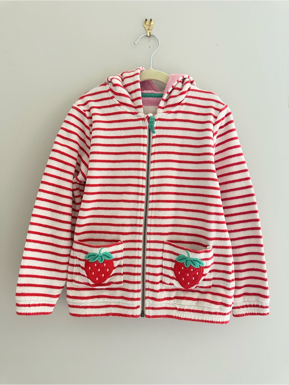 Mini Boden Girls Strawberry Stripe Towelling Zip Hoodie, Size 5–6Y, White/Red